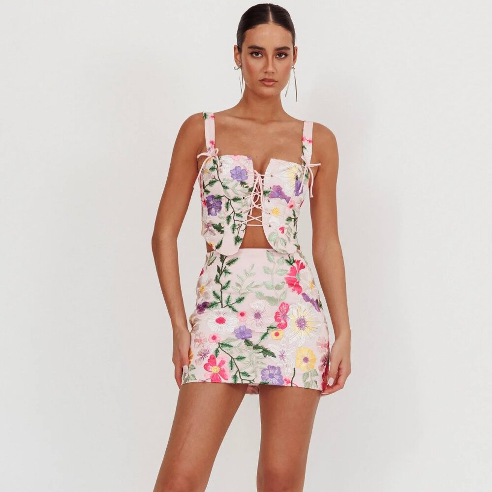 Selfie Leslie Matching Skirt and Corset Set - Pink Floral Jacquard (NWT)